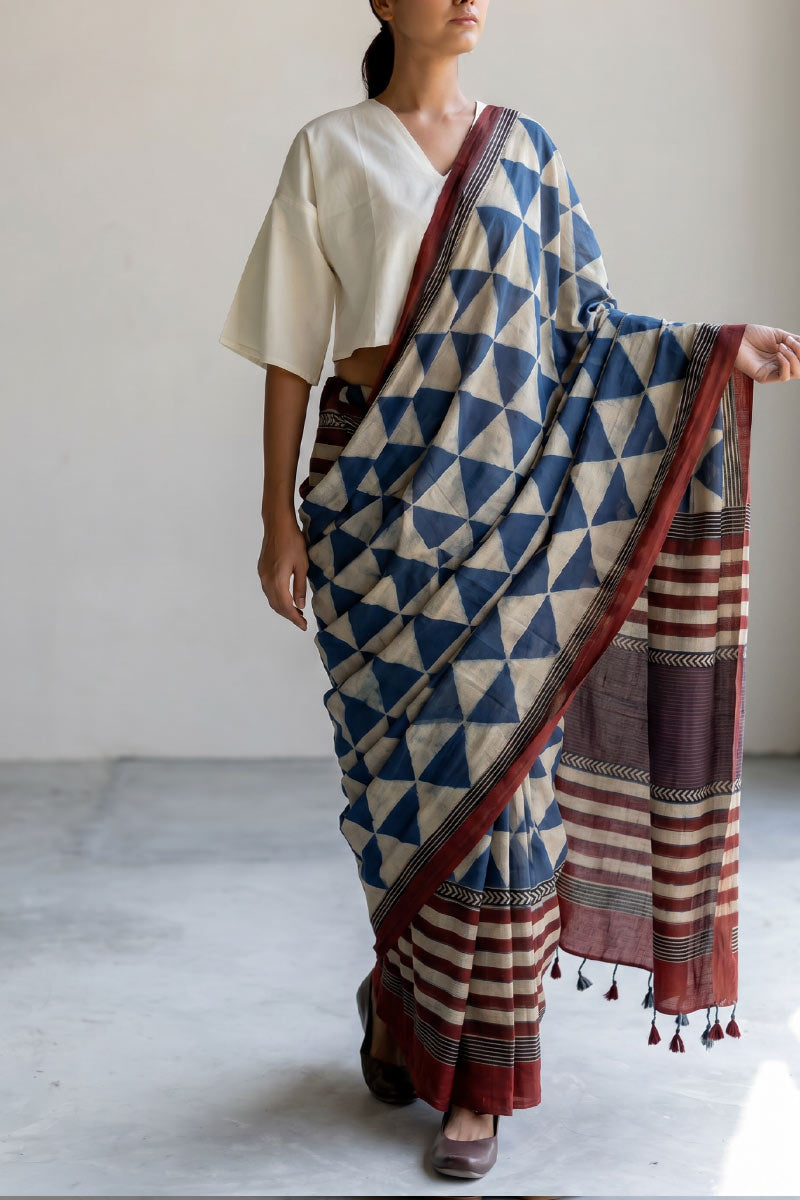 Cotton Saree - Indigo Pyramid