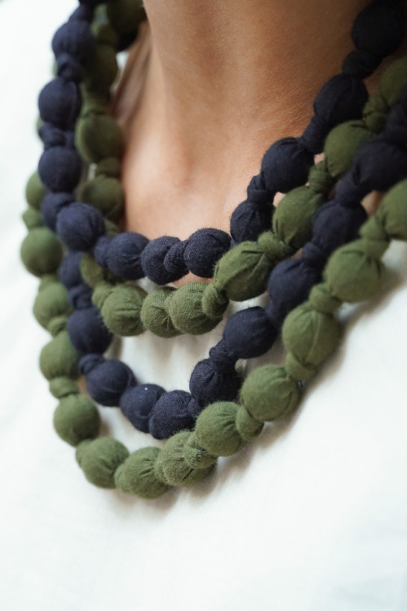 Textile & Bead Wrap Necklace - Olive & Black