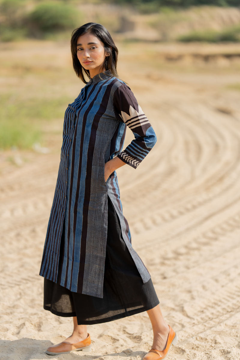 Classic Kurta - Indigo Play of Stripes