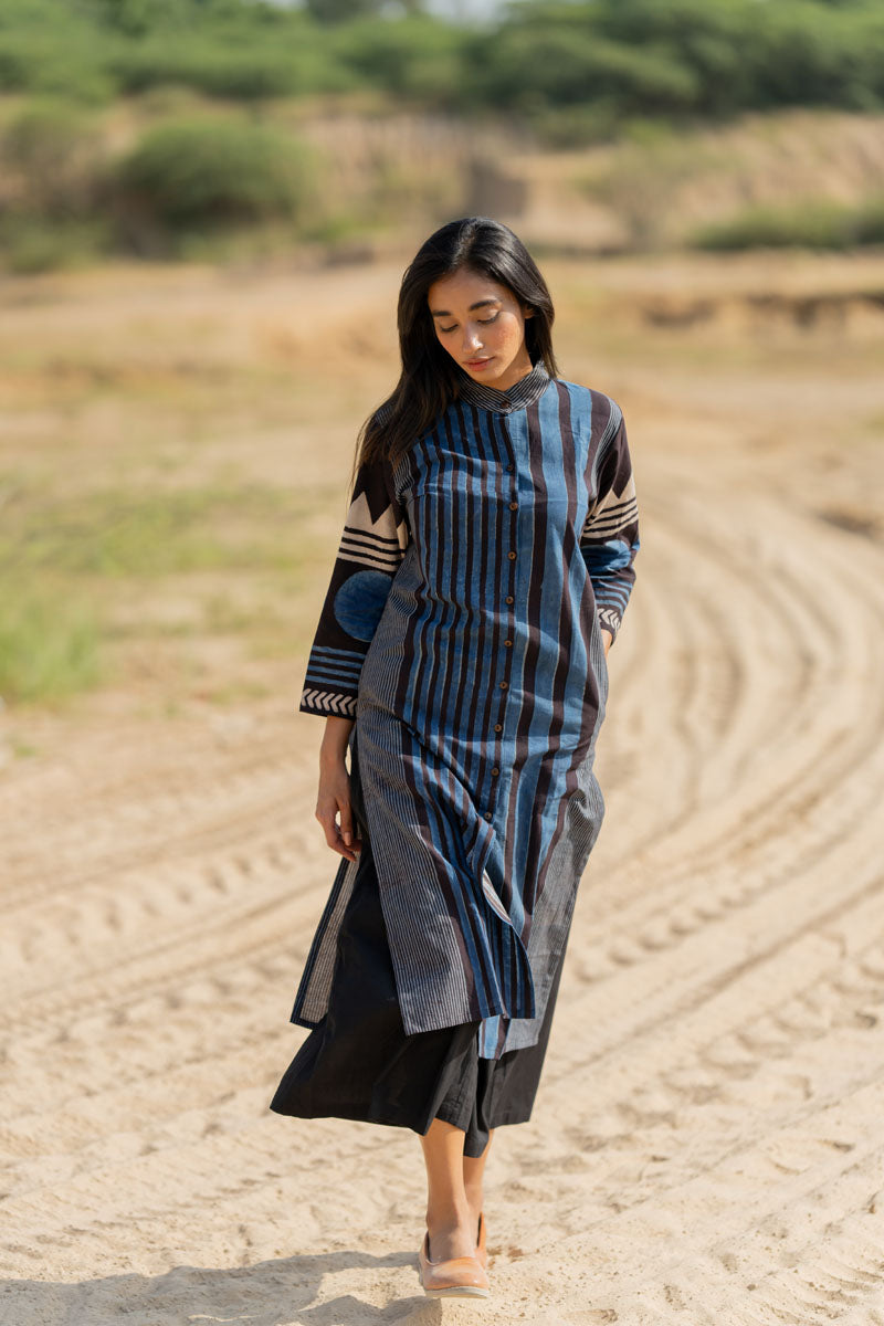 Classic Kurta - Indigo Play of Stripes