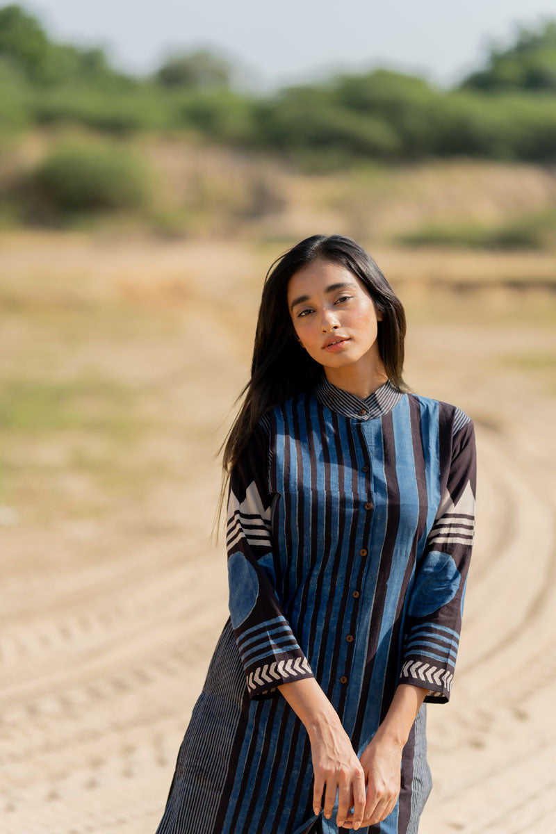 Classic Kurta - Indigo Play of Stripes