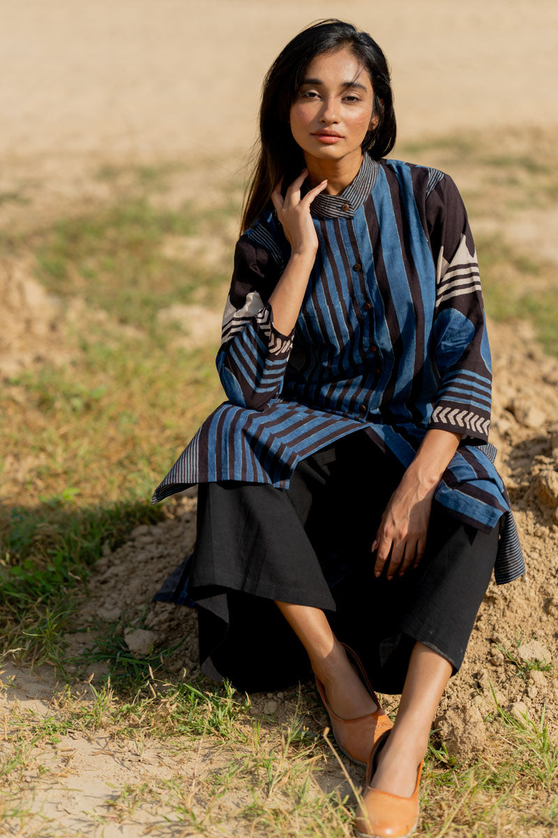 Classic Kurta - Indigo Play of Stripes