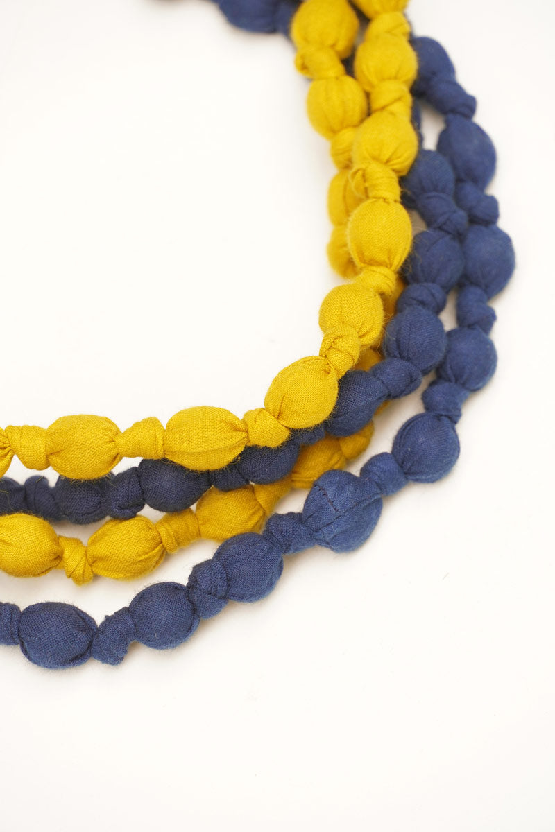 Textile & Bead Wrap Necklace - Indigo & Mustard