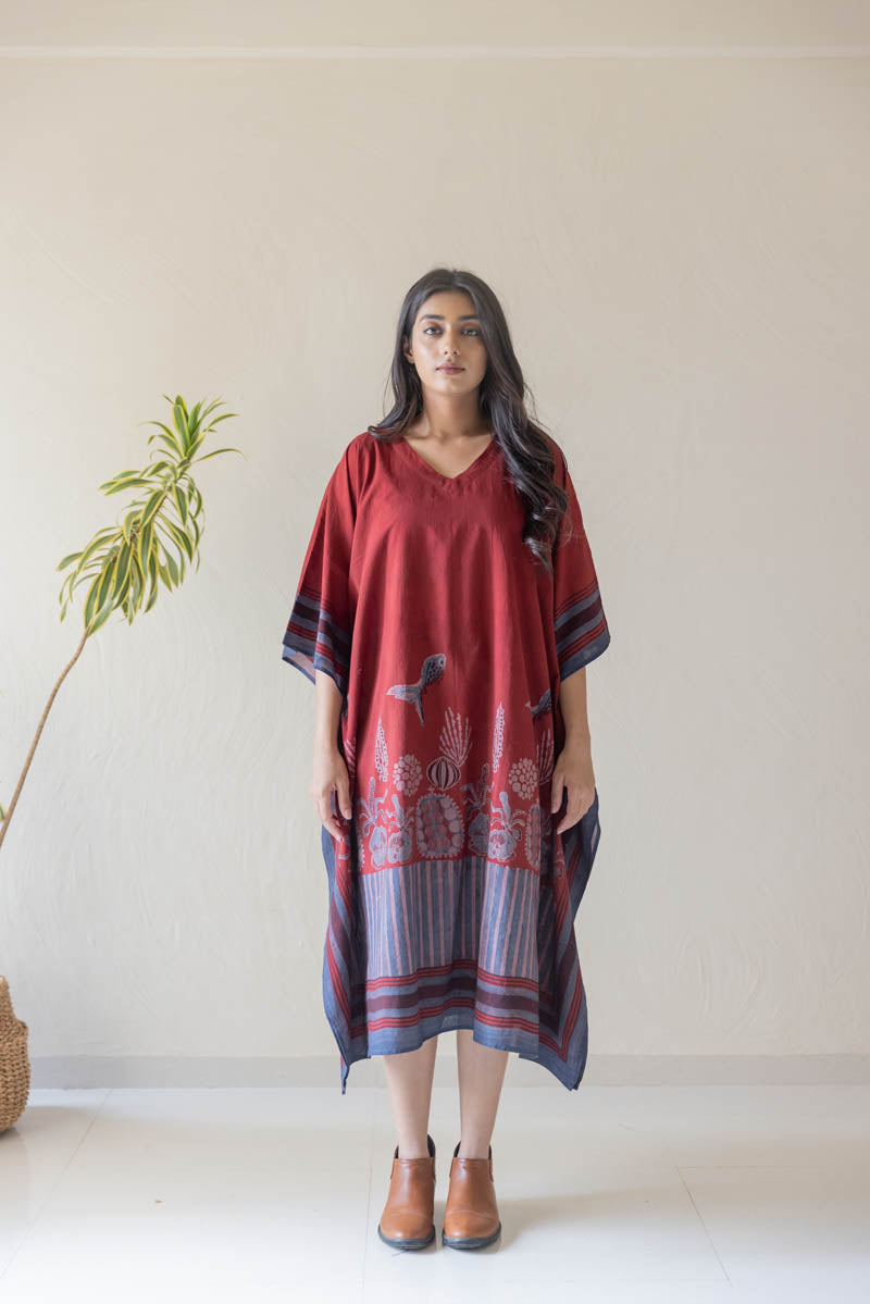 Freesize Kaftan Dress - Burgundy Stripes