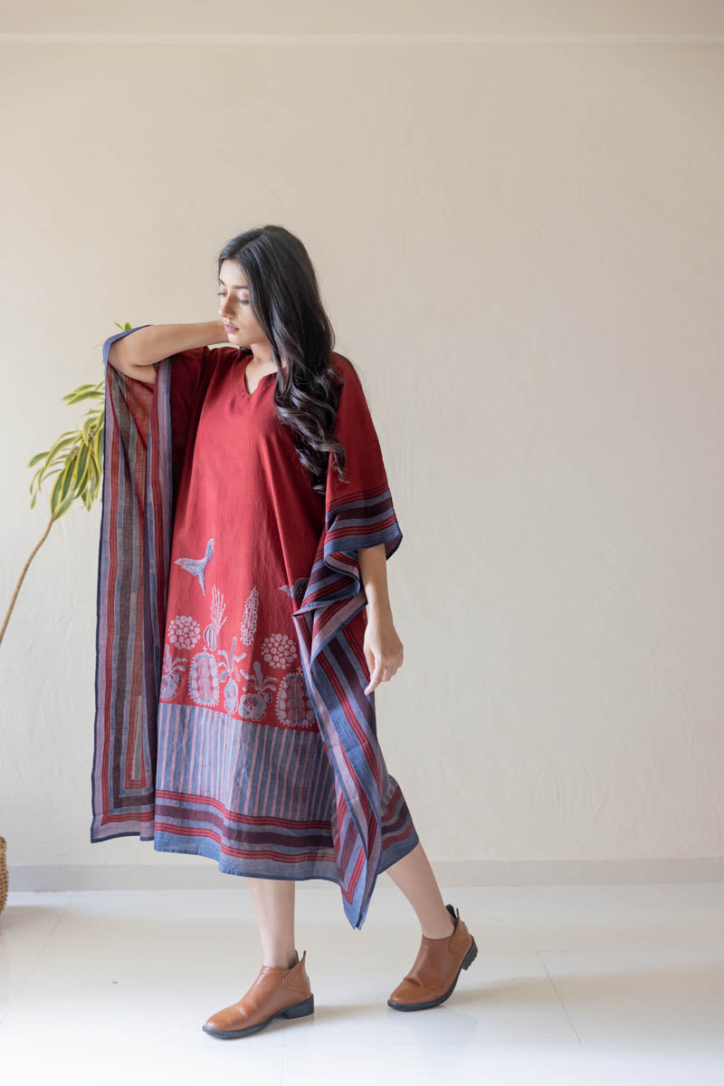 Freesize Kaftan Dress - Burgundy Stripes