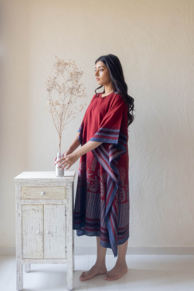 Freesize Kaftan Dress - Burgundy Stripes