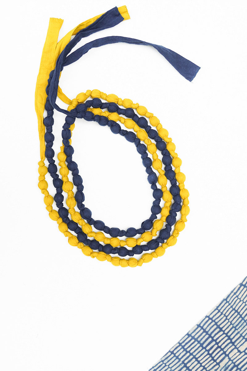 Textile & Bead Wrap Necklace - Indigo & Mustard