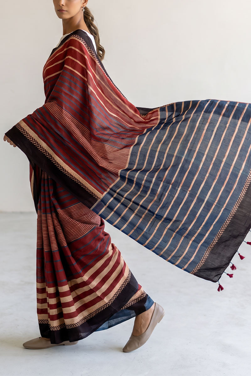 Cotton Saree - Red Play of Stripes