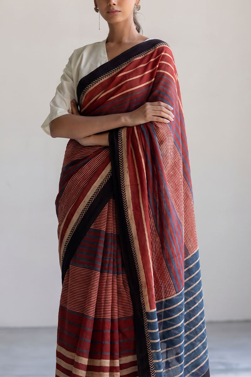 Cotton Saree - Red Play of Stripes