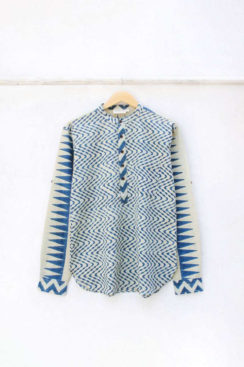 Unisex Cotton Shirt - Indigo Chevrons