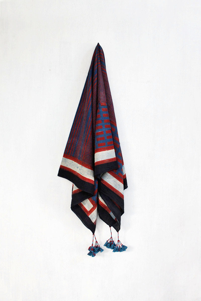 Cotton Scarf - Red & Indigo Pattern Play