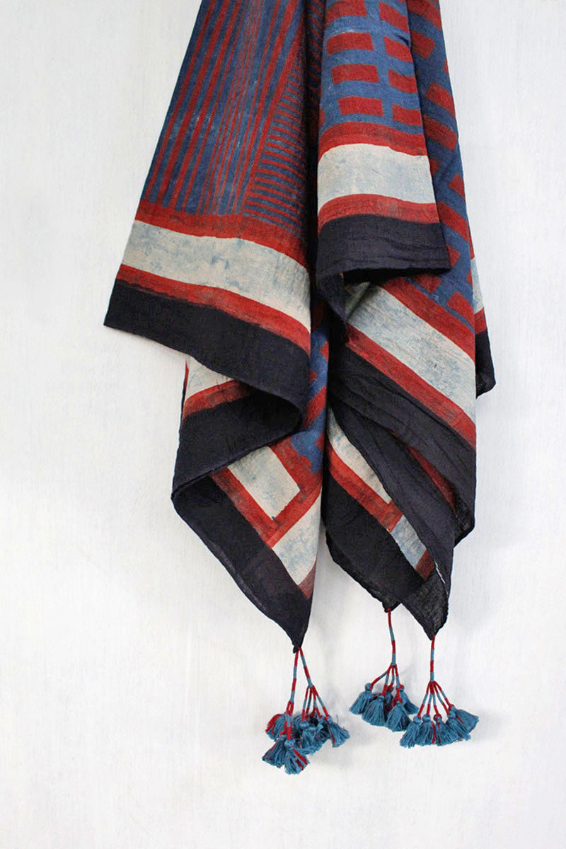 Cotton Scarf - Red & Indigo Pattern Play