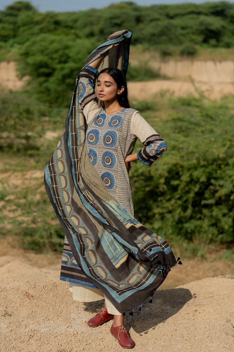 Co-ord Set of 3 - Kurta,Dupatta, Culotte - Natural White Mridul
