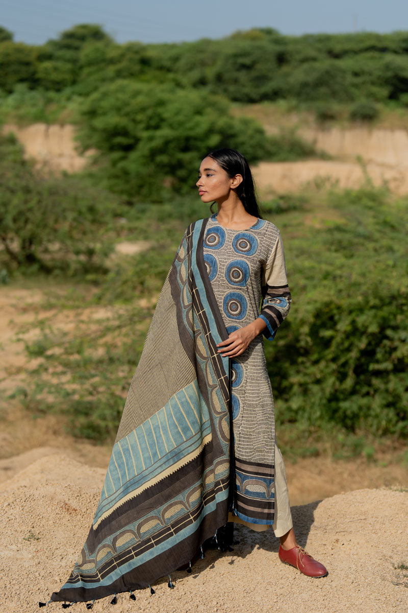 Co-ord Set of 3 - Kurta,Dupatta, Culotte - Natural White Mridul