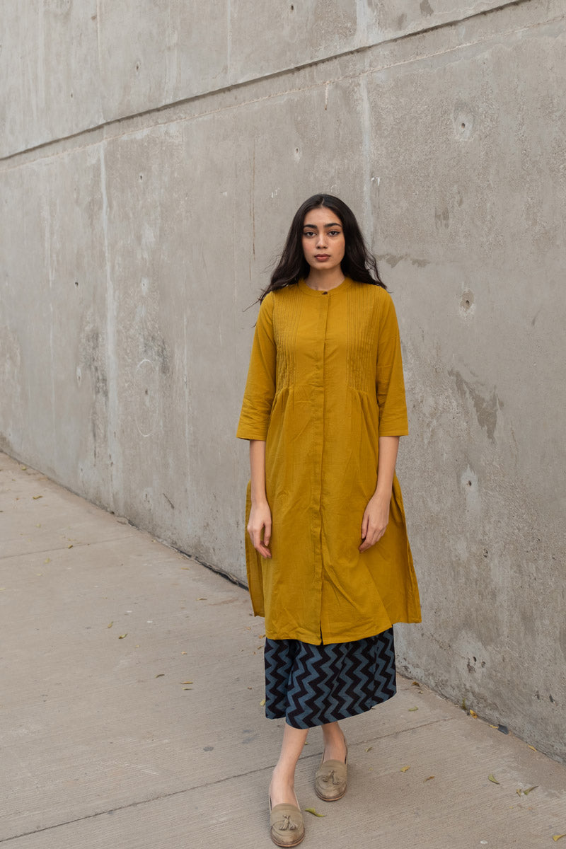 Co-ord Set of 2 - Mustard Green Pintuck Kurta & Culotte