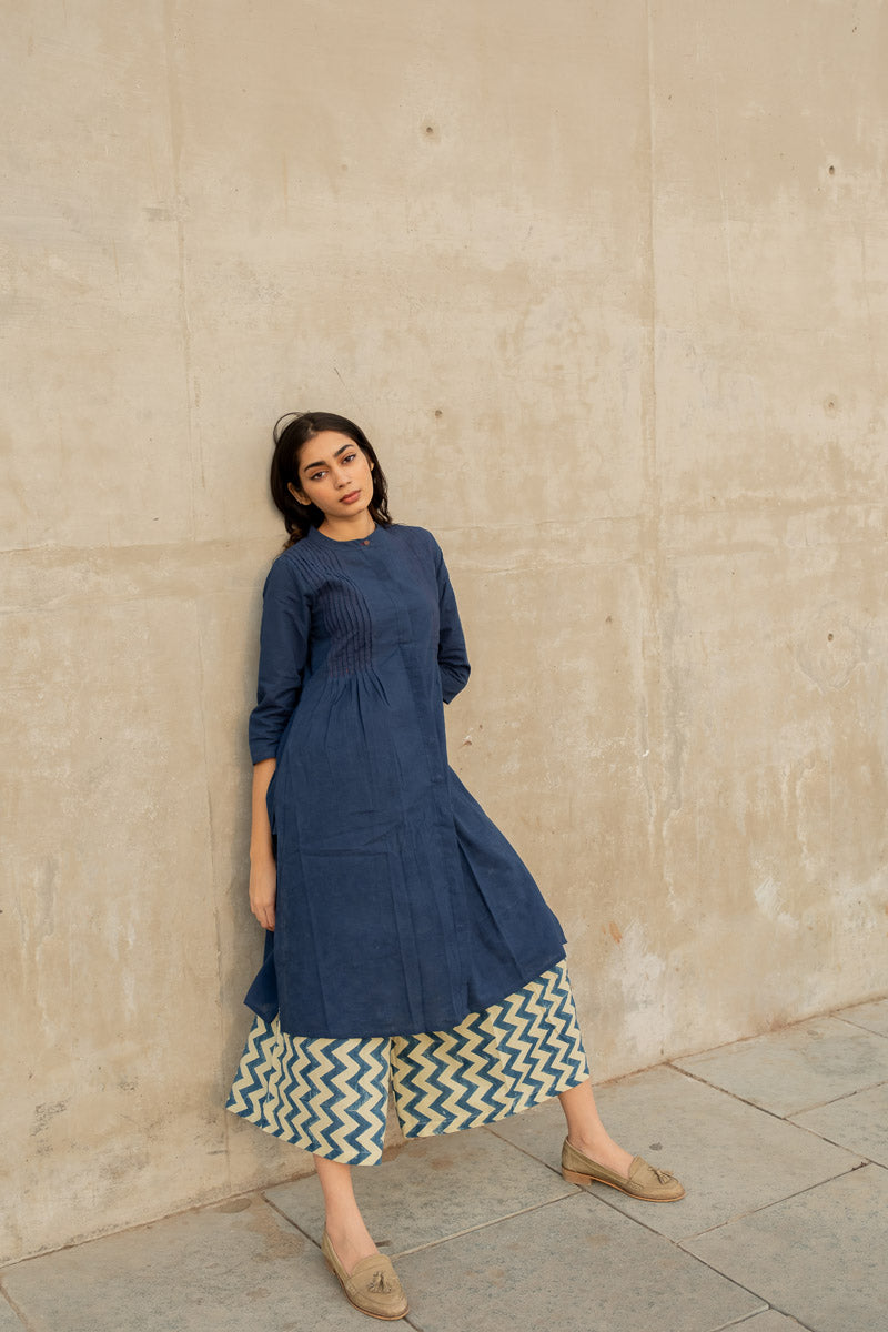 Co-ord Set of 2 - Indigo Pintuck Kurta & Culotte