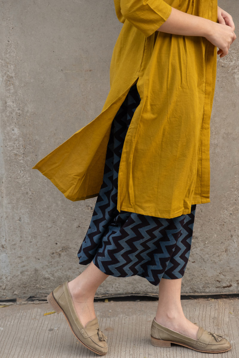 Co-ord Set of 2 - Mustard Green Pintuck Kurta & Culotte