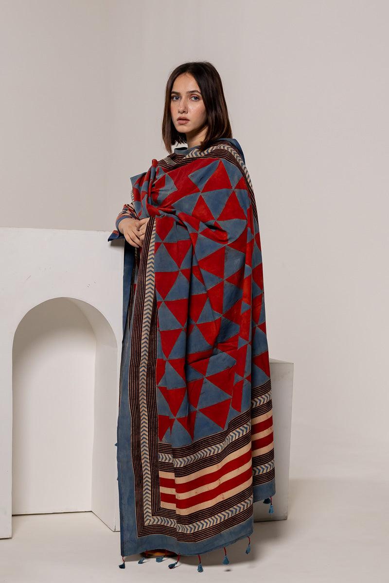Set of 3 - Kurta, Dupatta & Culotte - Red & Indigo Pyramid