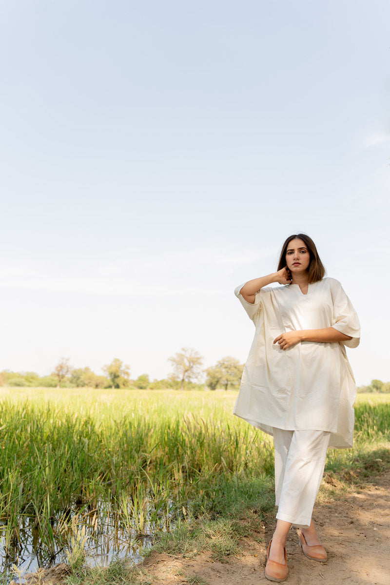 Co-ord Set of 2 - Natural White Kaftan Top & Pant