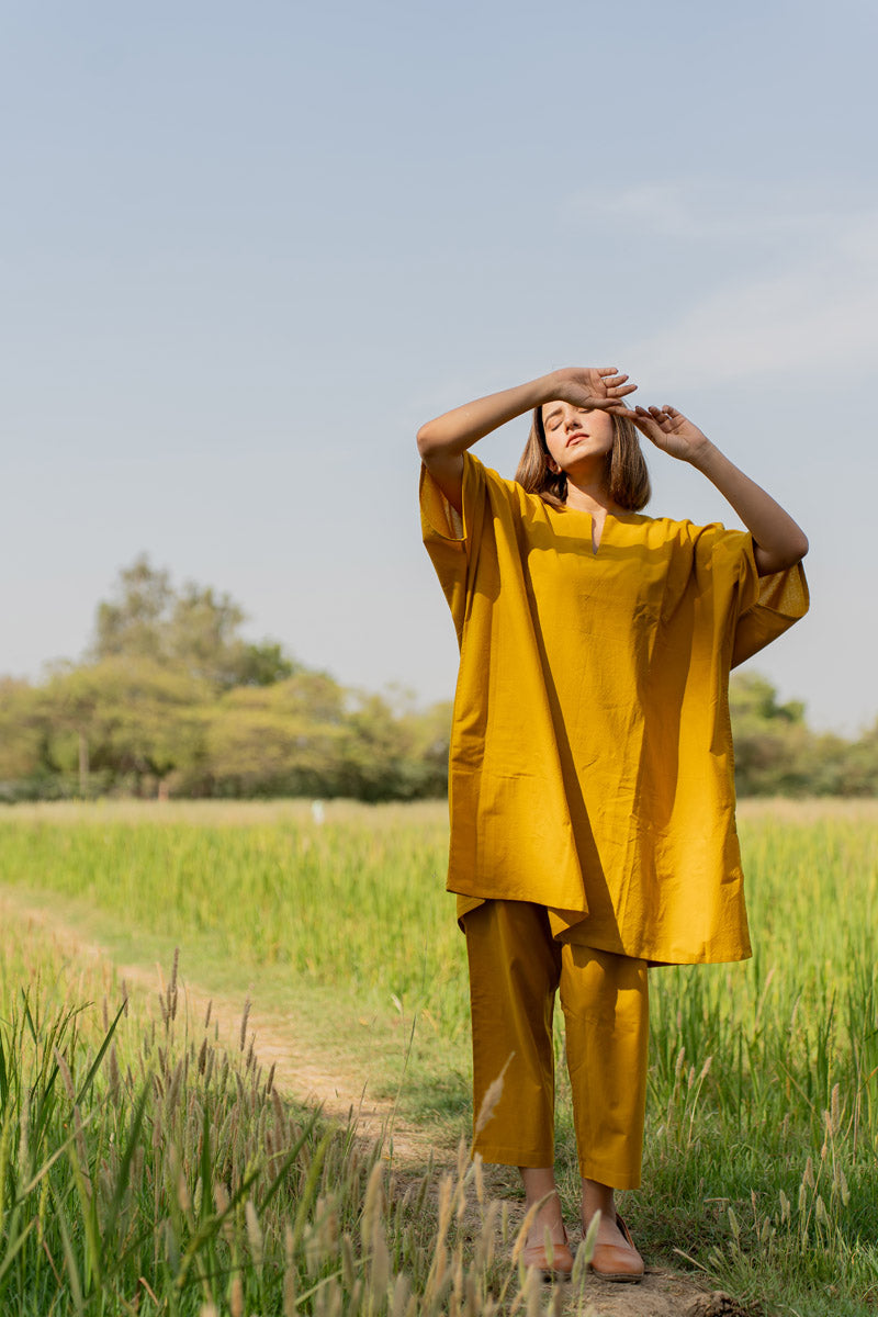 Co-ord Set of 2 - Mustard Green Kaftan Top & Pant