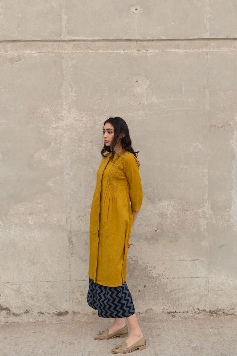 Co-ord Set of 2 - Mustard Green Pintuck Kurta & Culotte