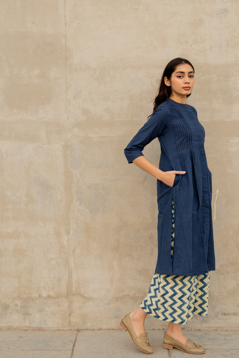 Co-ord Set of 2 - Indigo Pintuck Kurta & Culotte