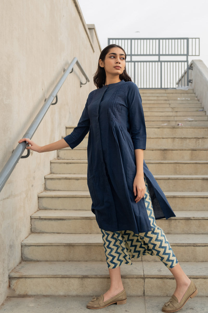 Co-ord Set of 2 - Indigo Pintuck Kurta & Culotte