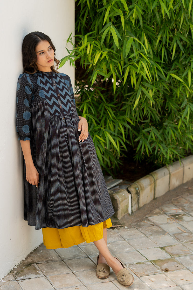 Amra Side Pleat Kurta - Black Stripes