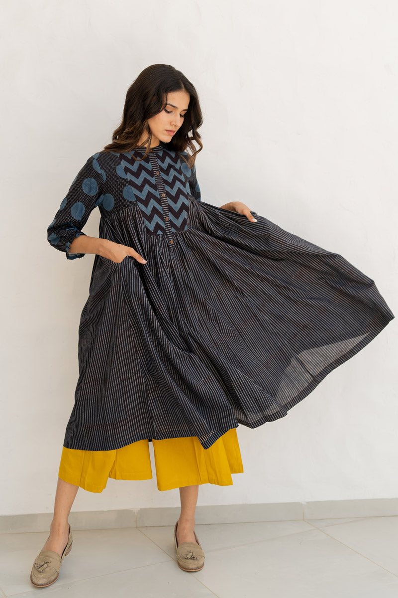 Amra Side Pleat Kurta - Black Stripes