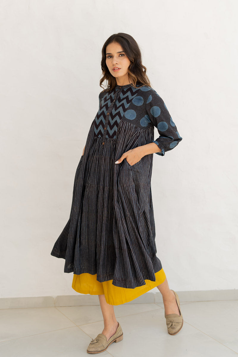 Amra Side Pleat Kurta - Black Stripes