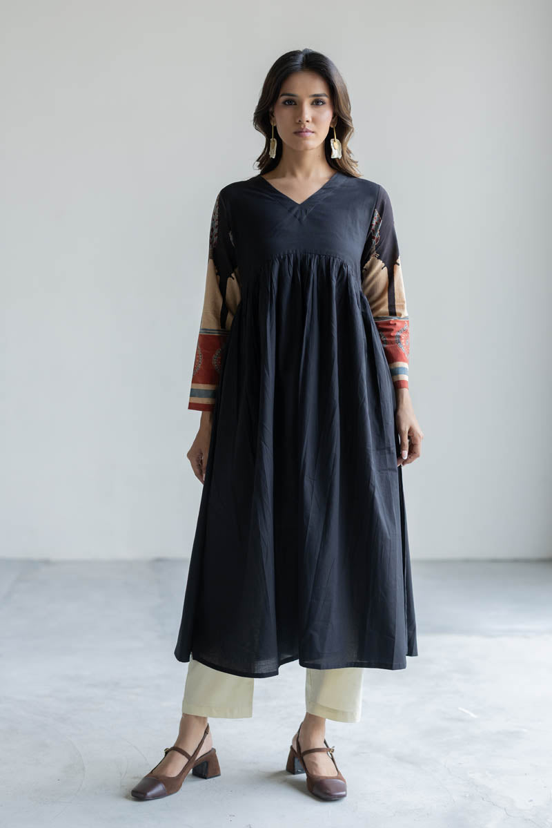 V Neck Flared Kurta - Black