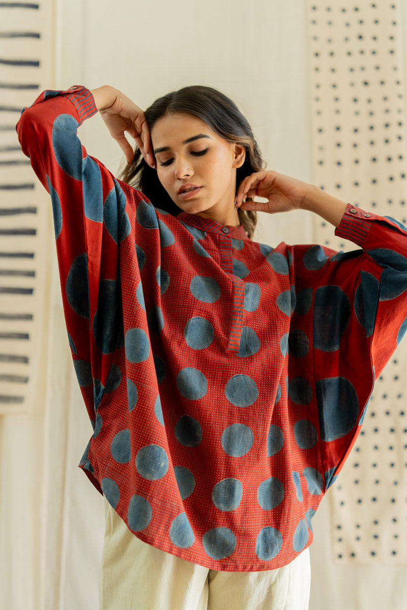 Freesize Antifit Top -Red & Indigo Dots & Polkas