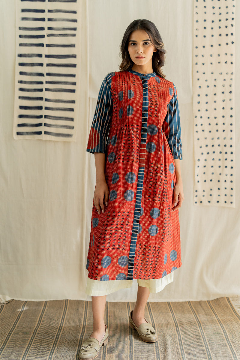 Pintuck Kurta - Playful Geometry Red