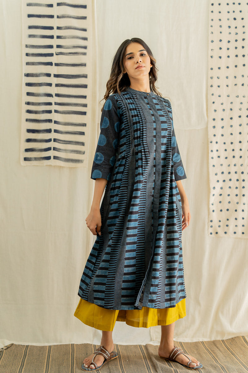 Pintuck Kurta - Black & Indigo Piano Stripes