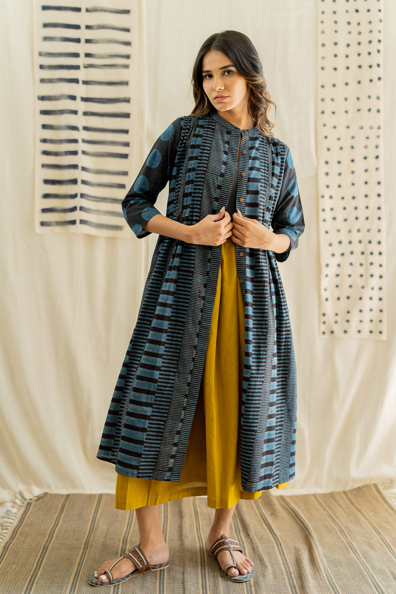 Pintuck Kurta - Black & Indigo Piano Stripes