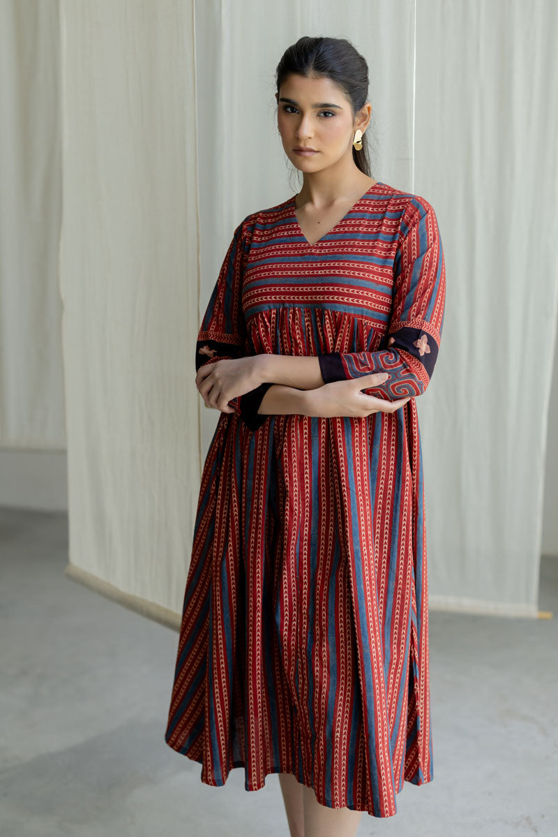 V neck Flared Dress - Veha Red
