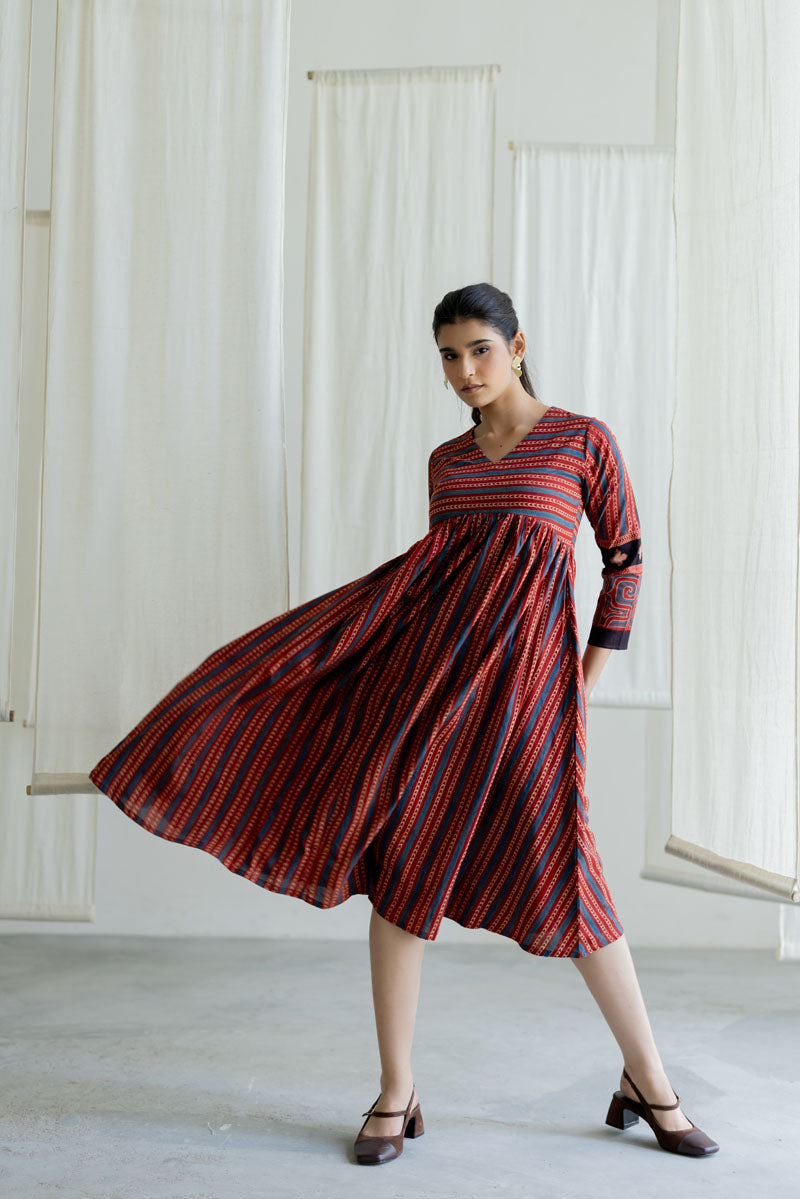 V neck Flared Dress - Veha Red