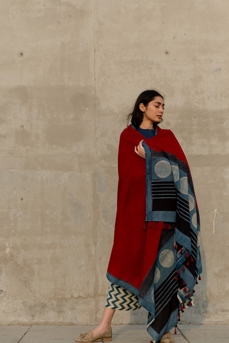 Cotton Dupatta - Red & Polka