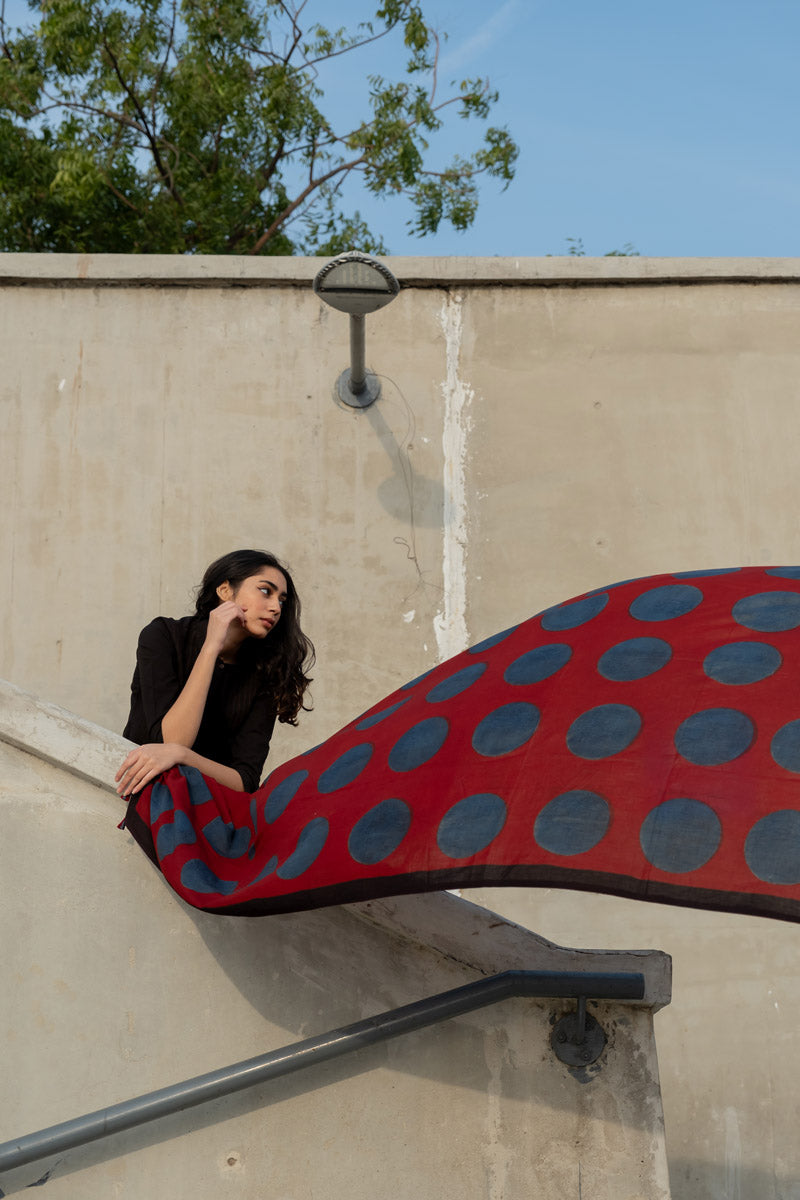Cotton Dupatta - Red & Indigo Polka
