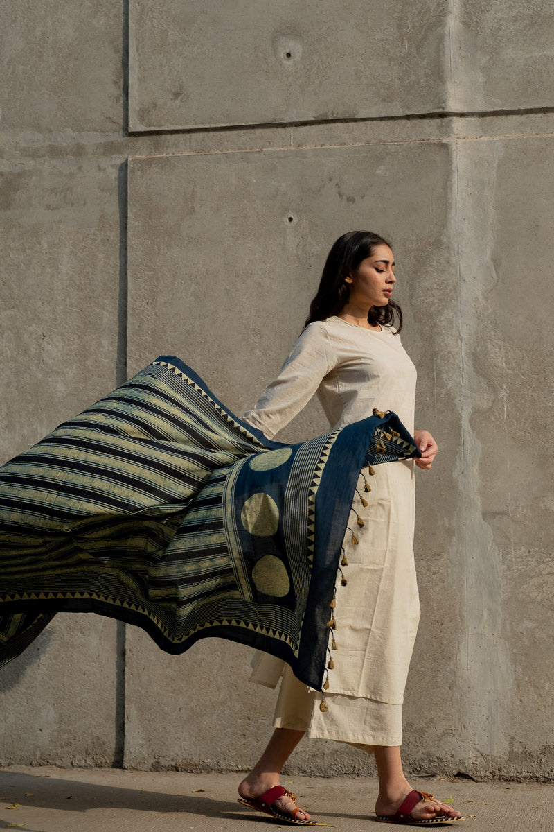 Cotton Dupatta - Indigo stripes & Polka