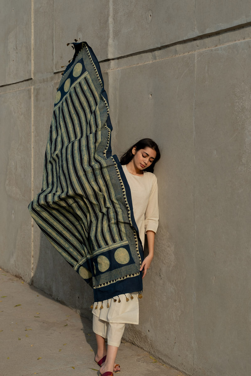 Cotton Dupatta - Indigo stripes & Polka