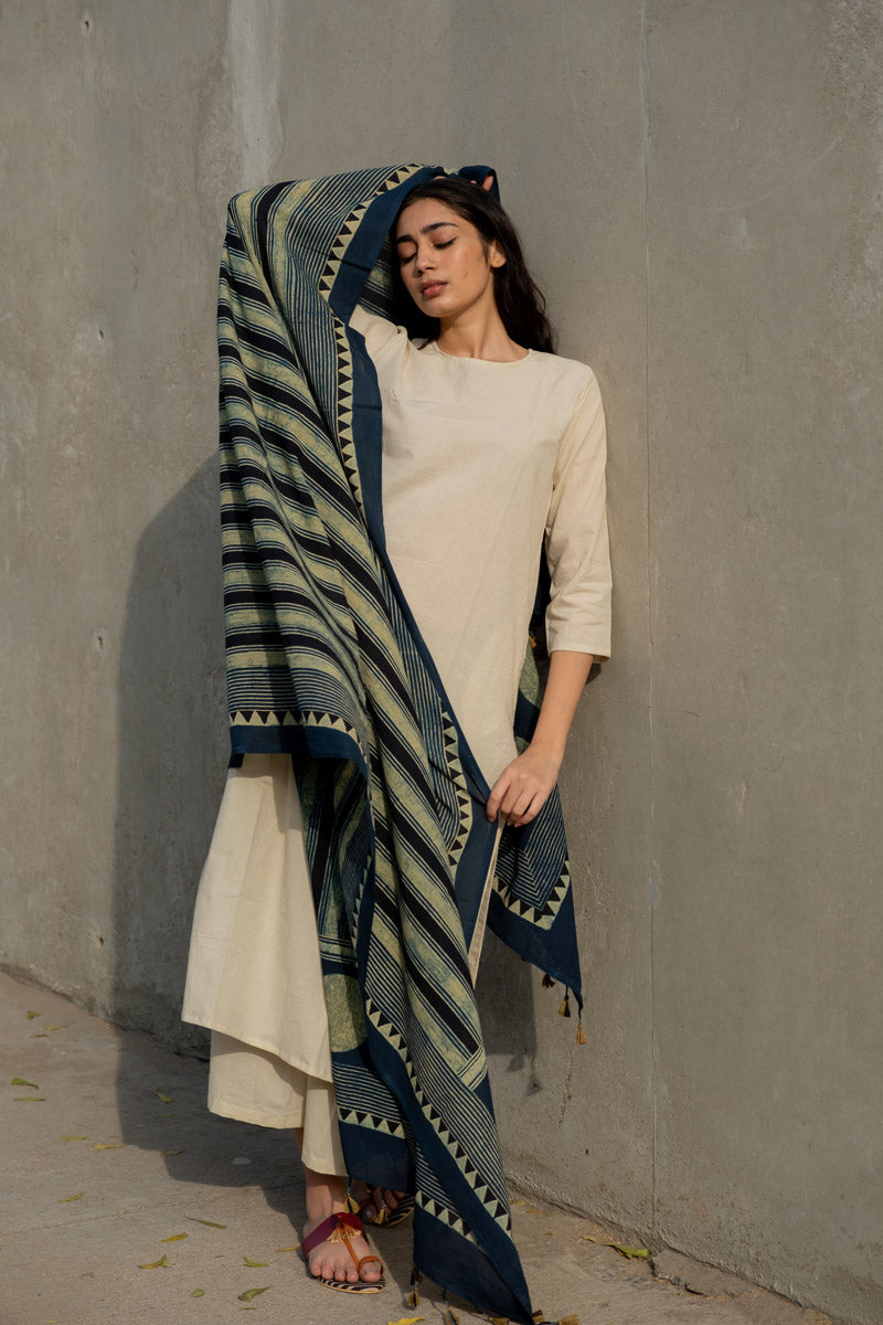 Cotton Dupatta - Indigo stripes & Polka