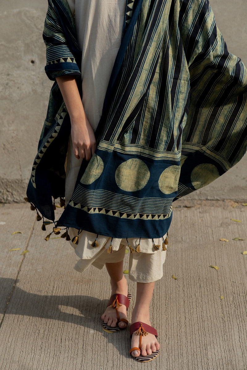Cotton Dupatta - Indigo stripes & Polka