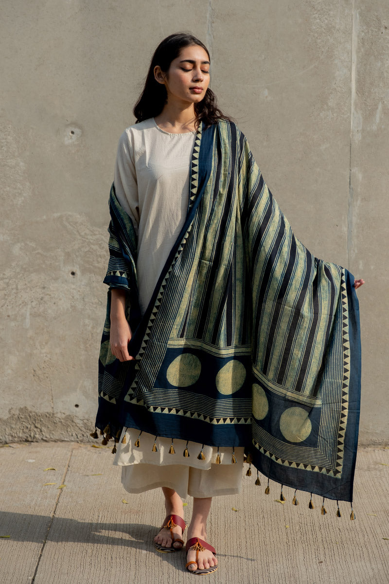 Cotton Dupatta - Indigo stripes & Polka