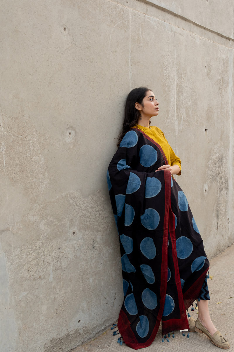 Cotton Dupatta - Black Polka