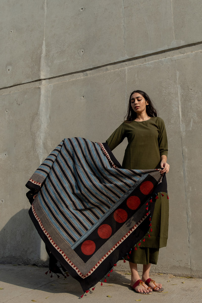 Cotton Dupatta - Black Stripes & Polka