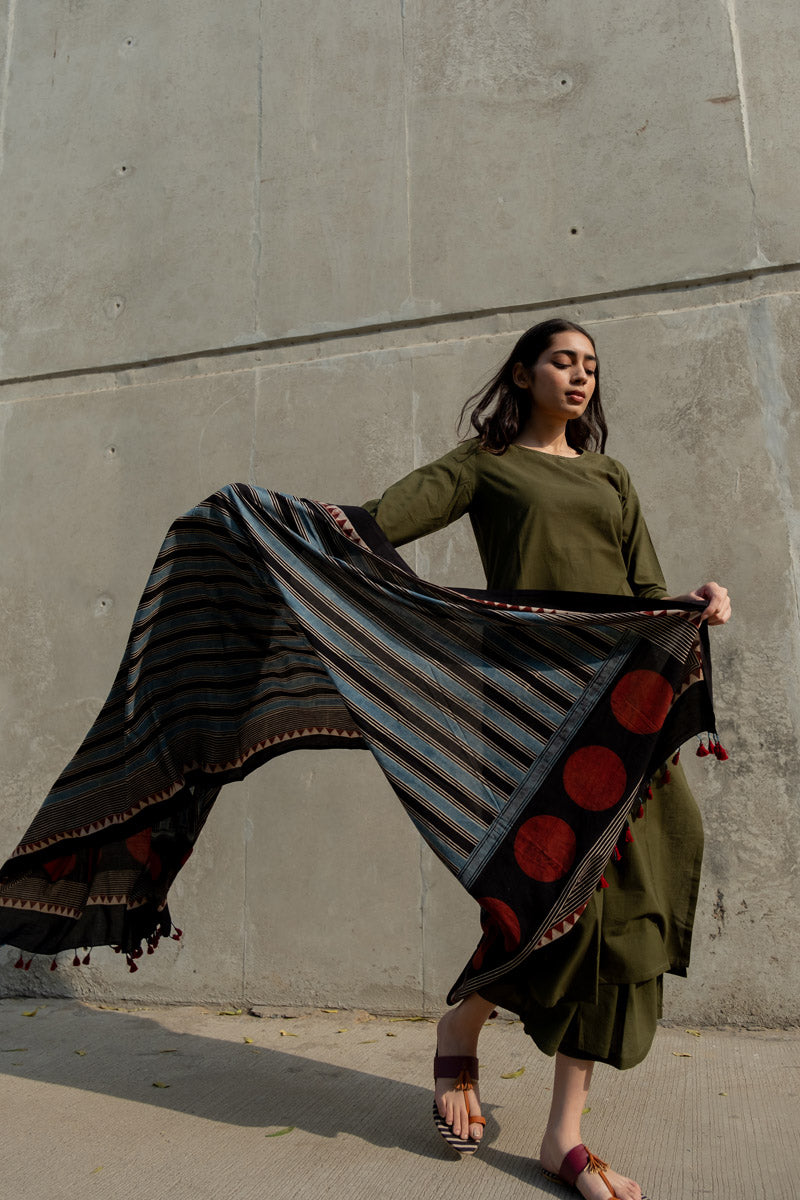 Cotton Dupatta - Black Stripes & Polka