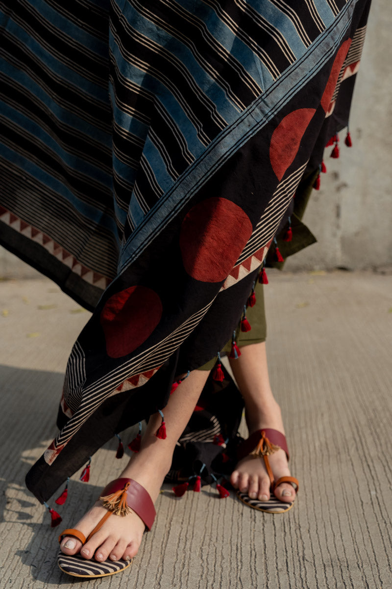 Cotton Dupatta - Black Stripes & Polka