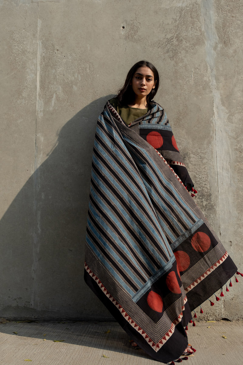 Cotton Dupatta - Black Stripes & Polka