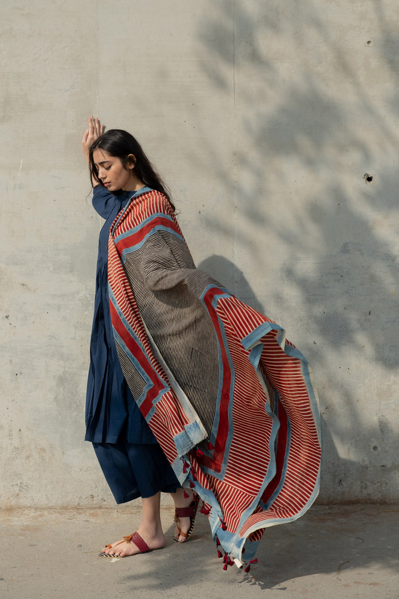 Cotton Dupatta - Red Play of Stripes